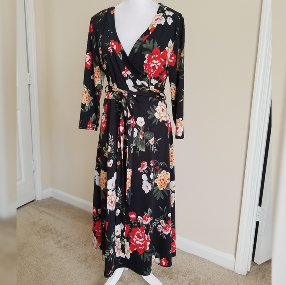 ups and downs Dresses & Skirts - Vintage Ups & Downs Black Floral Wrap Dress Plus